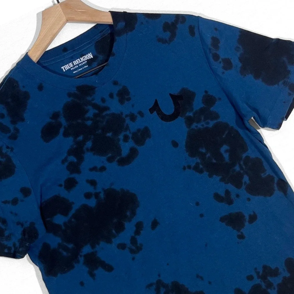True Religion Tie Dye BUDDHA LOGO T-Shirt Streetwear Y2K Mens Small Blue Black
